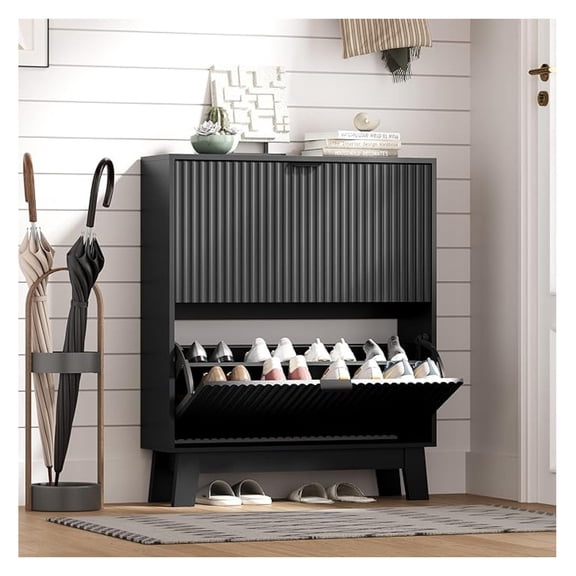 Shoe Cabinet Storage for Entryway with 2 Drawers, Fluted Narrow Shoe Organizer with Wooden Legs, Freestanding Slim Shoe Storage Shoe Rack Organizer for Front Door Entrance, Black