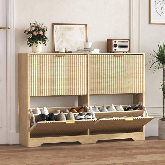 Shoe Cabinet Storage for Entryway with 4 Flip Drawers, Oak Fluted Shoe Cabinet with Adjustable Shelves, Wooden Hidden Shoes Rack Freestanding Narrow Slim Shoes Storage for Hallway, Entrance