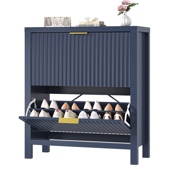 Shoe Cabinet Storage for Entryway, Fluted Shoe Cabinet with 2 Flip Drawers, Hidden Shoe Rack Tall Freestanding Shoe Organizer with Legs for Hallway, Blue