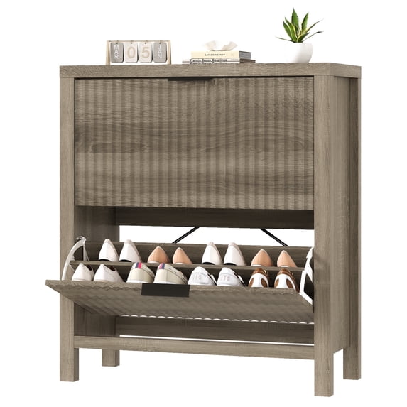 Shoe Cabinet Storage for Entryway, Fluted Shoe Cabinet with 2 Flip Drawers, Hidden Shoe Rack Tall Freestanding Shoe Organizer with Legs for Hallway, Gray