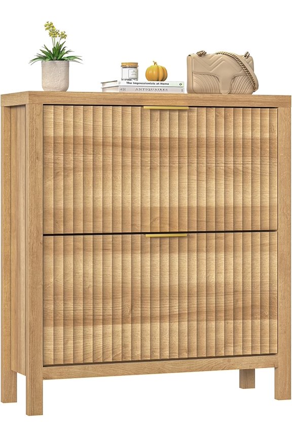 Shoe Cabinet Storage for Entryway, Fluted Shoe Cabinet with 2 Flip Drawers, Hidden Shoe Rack Tall Freestanding Shoe Organizer with Legs for Hallway, Oak