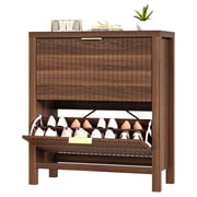 Shoe Cabinet Storage for Entryway, Fluted Shoe Cabinet with 2 Flip Drawers, Hidden Shoe Rack Tall Freestanding Shoe Organizer with Legs for Hallway, Walnut