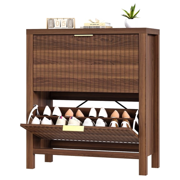 Shoe Cabinet Storage for Entryway, Fluted Shoe Cabinet with 2 Flip Drawers, Hidden Shoe Rack Tall Freestanding Shoe Organizer with Legs for Hallway, Walnut