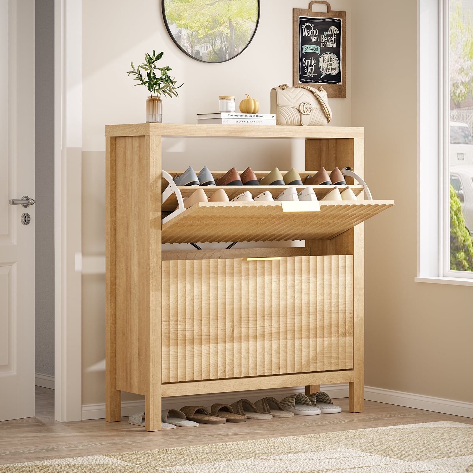 Shoe Cabinet Storage for Entryway, Fluted Shoe Cabinet with 2 Flip Drawers, Hidden Shoe Rack Tall Freestanding Shoe Organizer with Legs for Hallway, Wood - Walmart.com