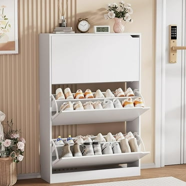 Shoe Cabinet Storage for Entryway, Shoe Cabinet Storage with 3 Flip Drawers, Shoe Cabinet for Entryway Slim Space, 3 Tier White Shoe Cabinet Freestanding Wood Shoe Rack for Entryway, Hallway