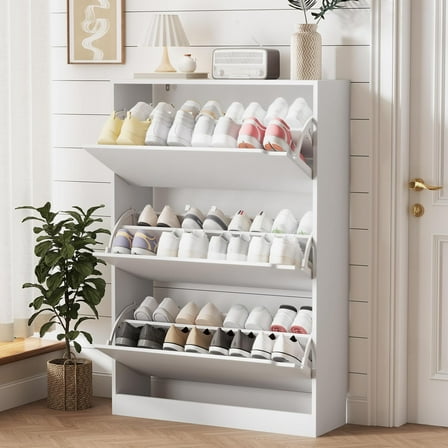 FANRAL Shoe Storage Cabinet for Entryway,White Shoe Cabinet Storage with 3 Flip Drawers,Shoe Cabinet for Entryway Slim Space,3 Tier White Shoe Cabinet Freestanding Wood Shoe Rack for Entryway,Hallway