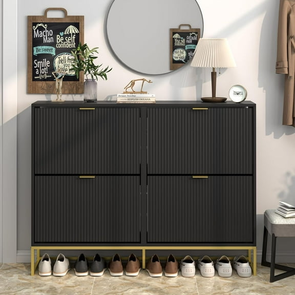 Shoe Cabinet Storage for Entryway Slim, Modern Shoe Rack Cabinet with 4 Flip Drawers, Tipping Wooden Narrow Shoe Cabinet, Fluted Shoe Organizer for Living Room, Black