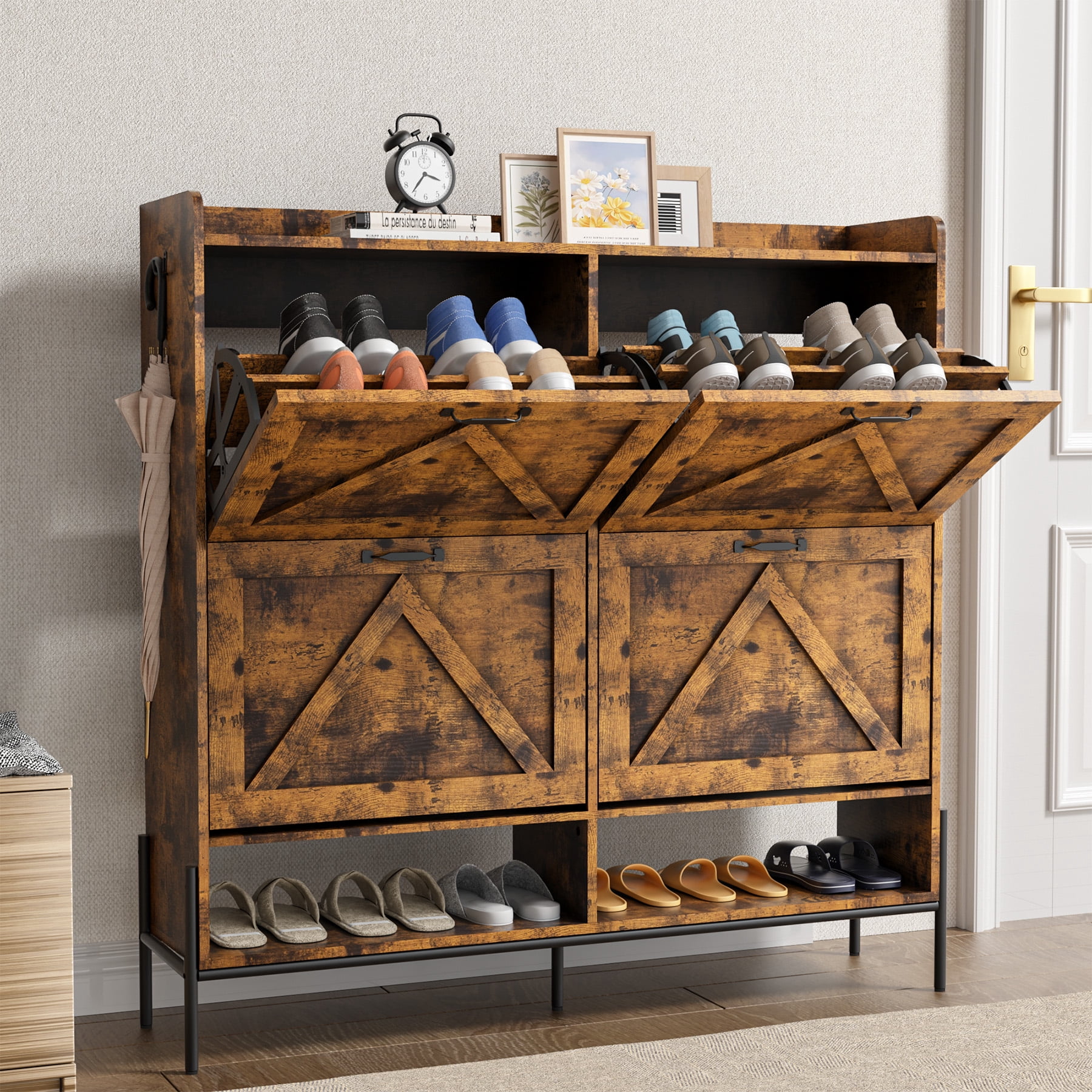 Narrow Shoe Cabinet With 4 Flip Drawers & Open Shelf - Freestanding Entryway Shoe Organizer, White