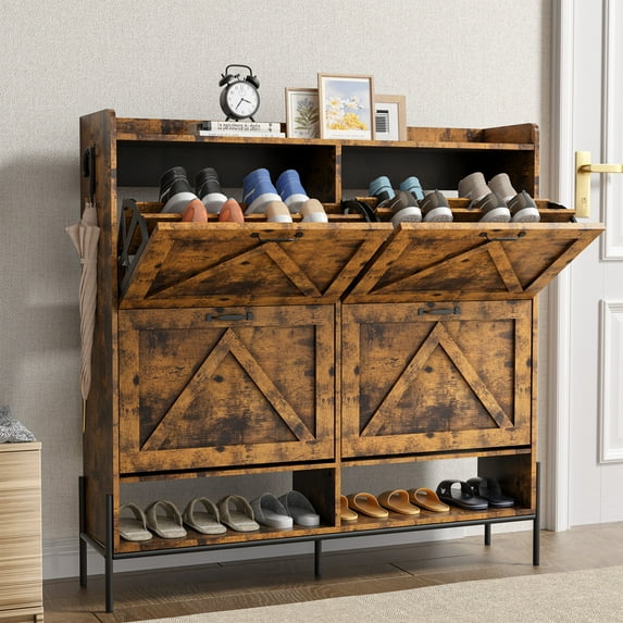 Shoe Cabinet Storage, Hidden Freestanding Shoe Rack with 4 Flip Drawers and Adjustable Shelf, Shoe Cabinet with Open Shelves for Entryway, Hallway, Foyer