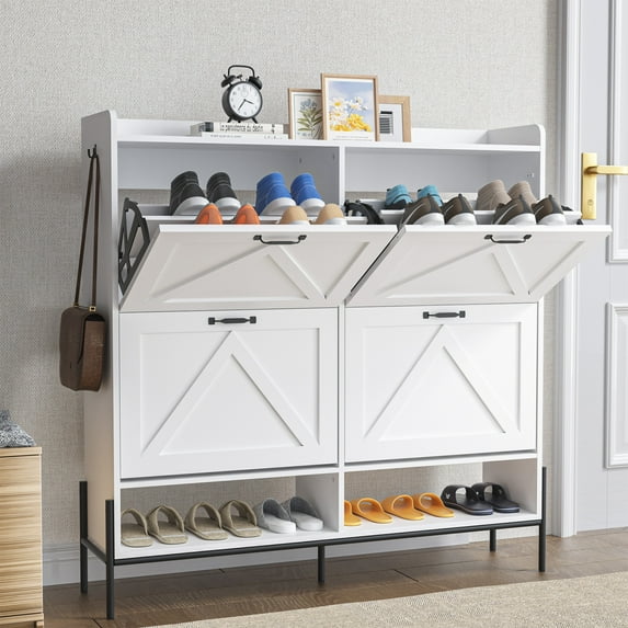 Shoe Cabinet Storage, Hidden Freestanding Shoe Rack with 4 Flip Drawers and Adjustable Shelf, Shoe Cabinet with Open Shelves for Entryway, Hallway, Foyer
