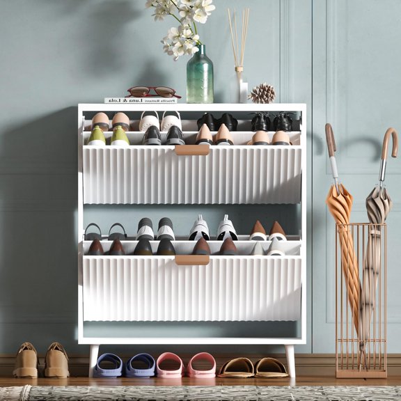 Shoe Cabinet Storage,Modern Freestanding Organizer with 2 Flip Drawers,Narrow Shoe Rack Cabinet for Entryway,White