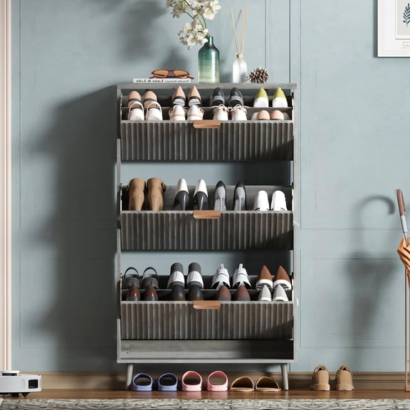 Shoe Cabinet Storage,Modern Freestanding Organizer with 3 Flip Drawers,Narrow Shoe Rack Cabinet for Entryway,Grey