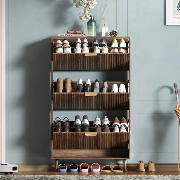 Shoe Cabinet Storage,Modern Freestanding Organizer with 3 Flip Drawers,Narrow Shoe Rack Cabinet for Entryway,Walnut
