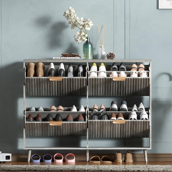 Shoe Cabinet Storage,Modern Freestanding Organizer with 4 Flip Drawers,Narrow Shoe Rack Cabinet for Entryway,Grey