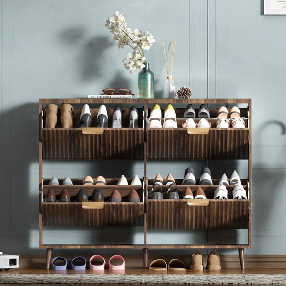 Shoe Cabinet Storage,Modern Freestanding Organizer with 4 Flip Drawers,Narrow Shoe Rack Cabinet for Entryway,Walnut