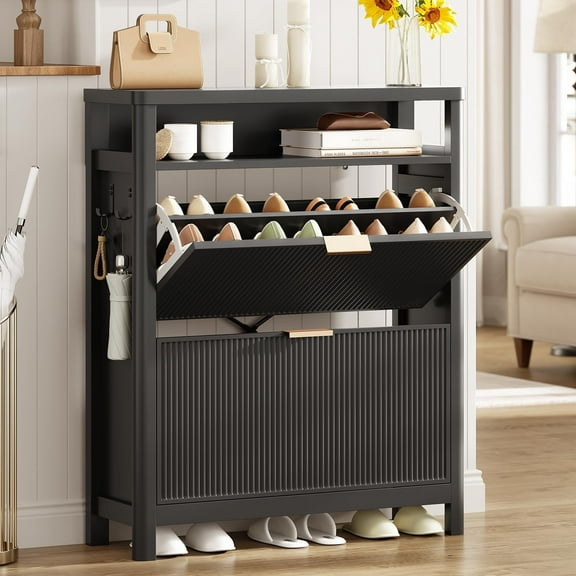 Fluted Shoe Storage Cabinet with 2 Flip Drawers and Open Storage Cubby, Narrow Shoe Rack with Adjustable Shelve & Hook for Entryway,Hallway,Black