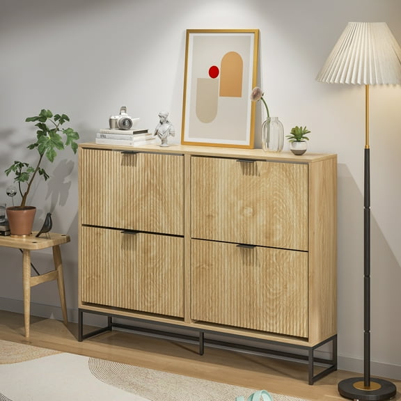 Shoe Cabinet Storage for Entryway, Modern Fluted Shoe Rack Cabinet with 4 Flip Drawers, Large Shoe Organizer for Living Room