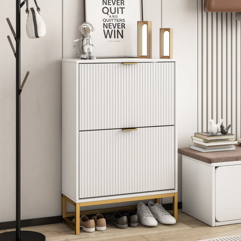 Fluted Shoe Cabinet Storage With Bench, Wood Narrow Hidden Shoe Cabinet