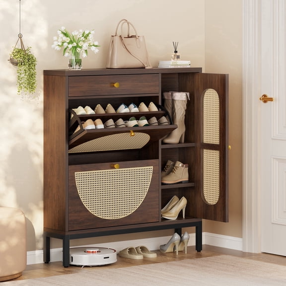 Biemlerfn Narrow Shoe Cabinet with Side Storage for Tall-Boot, Rattan Shoe Organizer for Entryway, Living Room, Hallway