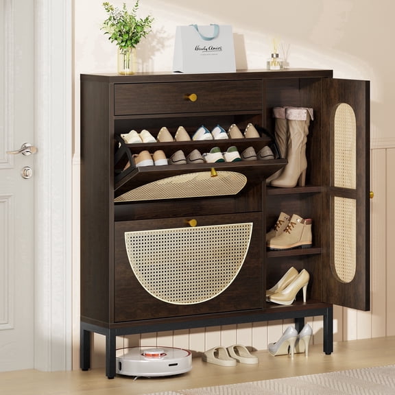 Biemlerfn Shoe Cabinet Storage with 2 Flip Drawers, Free Standing Wooden Shoe Storage Organizer Cabinet with Rattan Doors for Entryway, Dark Brown
