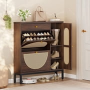 Shoe Storage Cabinet with Tall Boot Storage, Biemlerfn Rattan Shoe Organizer for Entryway, Living Room & Hallway, Brown