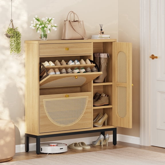 Biemlerfn Narrow Shoe Cabinet with Side Storage for Tall-Boot, Rattan Shoe Organizer for Entryway, Living Room, Hallway