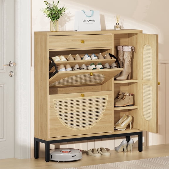 Biemlerfn Narrow Shoe Cabinet with Side Storage for Tall-Boot, Rattan Shoe Organizer for Entryway, Living Room, Hallway