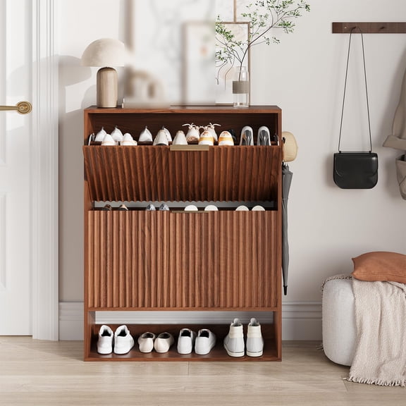 Shoe Cabinet Storage with 2 Flip Drawers, Modern Freestanding Organizer with Side Hooks, Narrow Shoe Rack Cabinet for Entryway, Hallway, Walnut