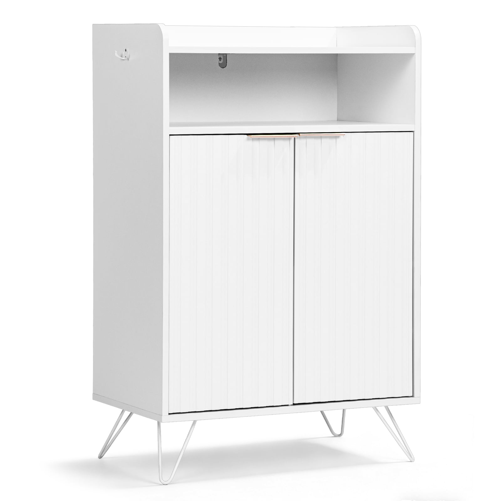 Shoe Cabinet With Grille Panel, Two Doors, Open Top, And Two Hooks On The Legs, Particleboard Cabinet Body, Mdf Vacuum-Formed Doors, 68*40*106mm