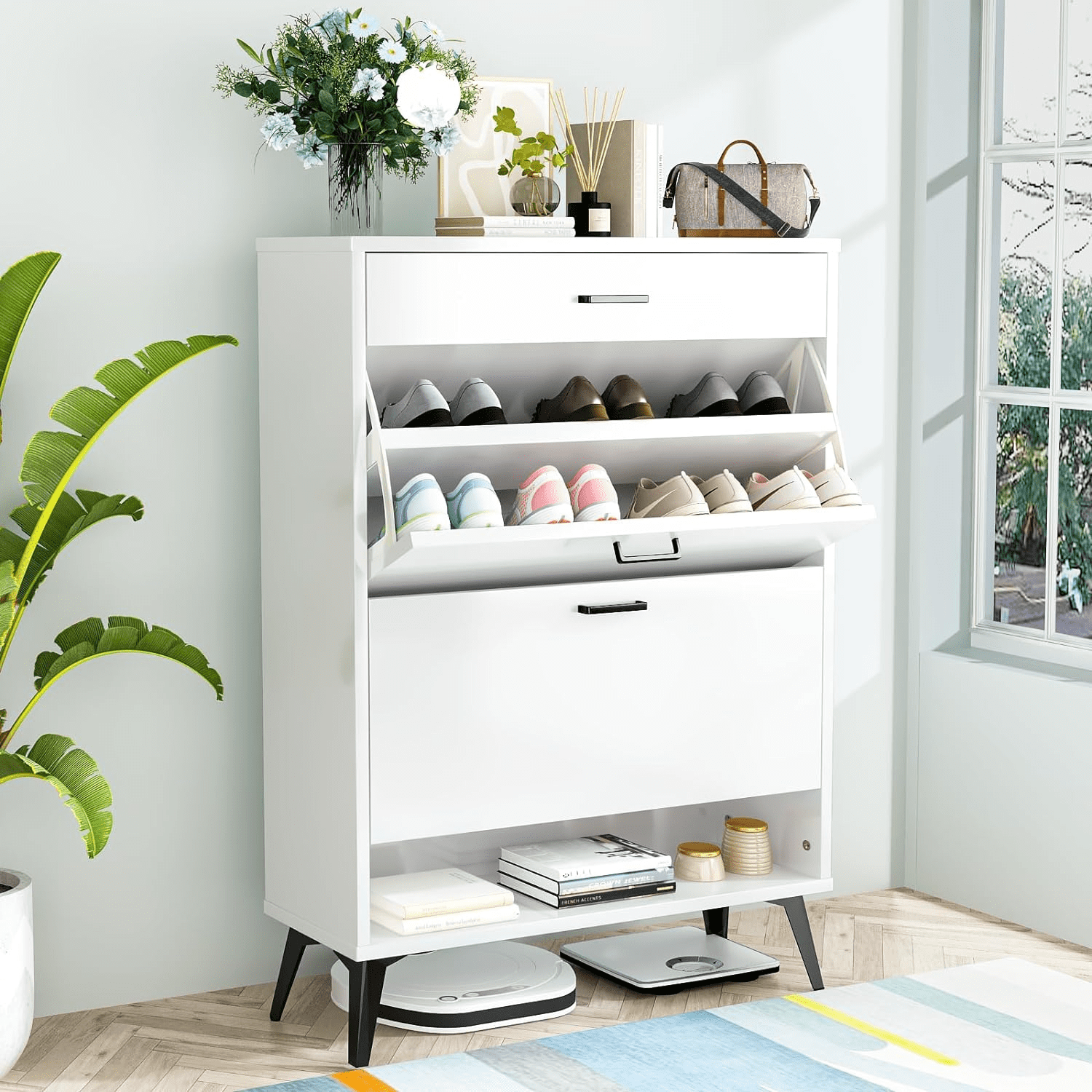 Shoe for Entryway Free Standing Shoe Organizer with 2 Flip