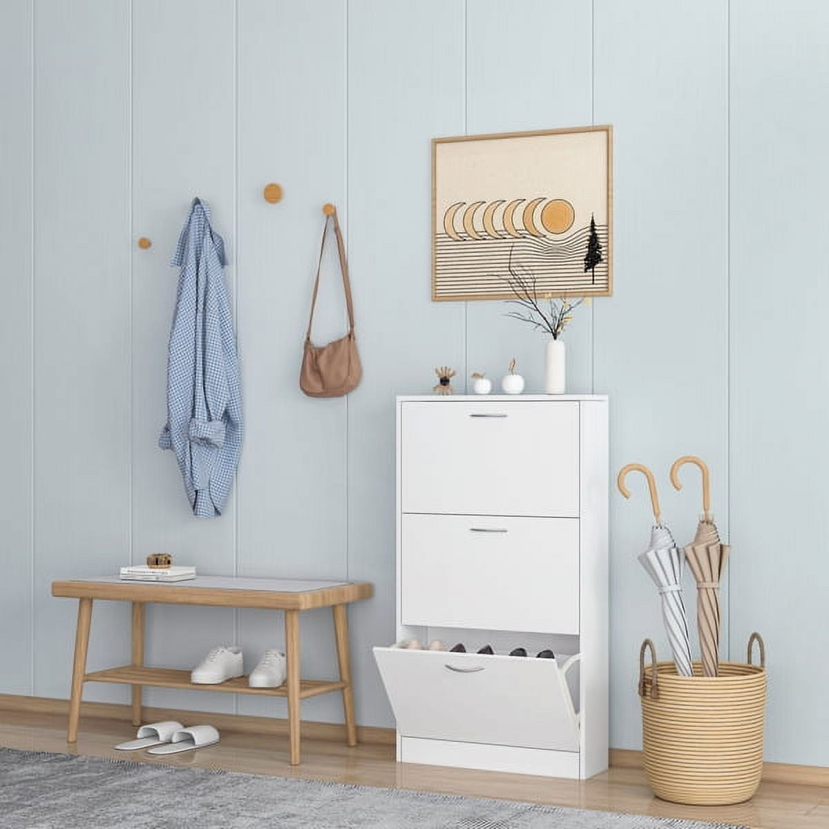 Shoe Cabinet for Entryway White Narrow Shoe Storage Cabinet Flip Down Shoe Rack Wood 3 Tier Shoe Organizer for Home and Apartment