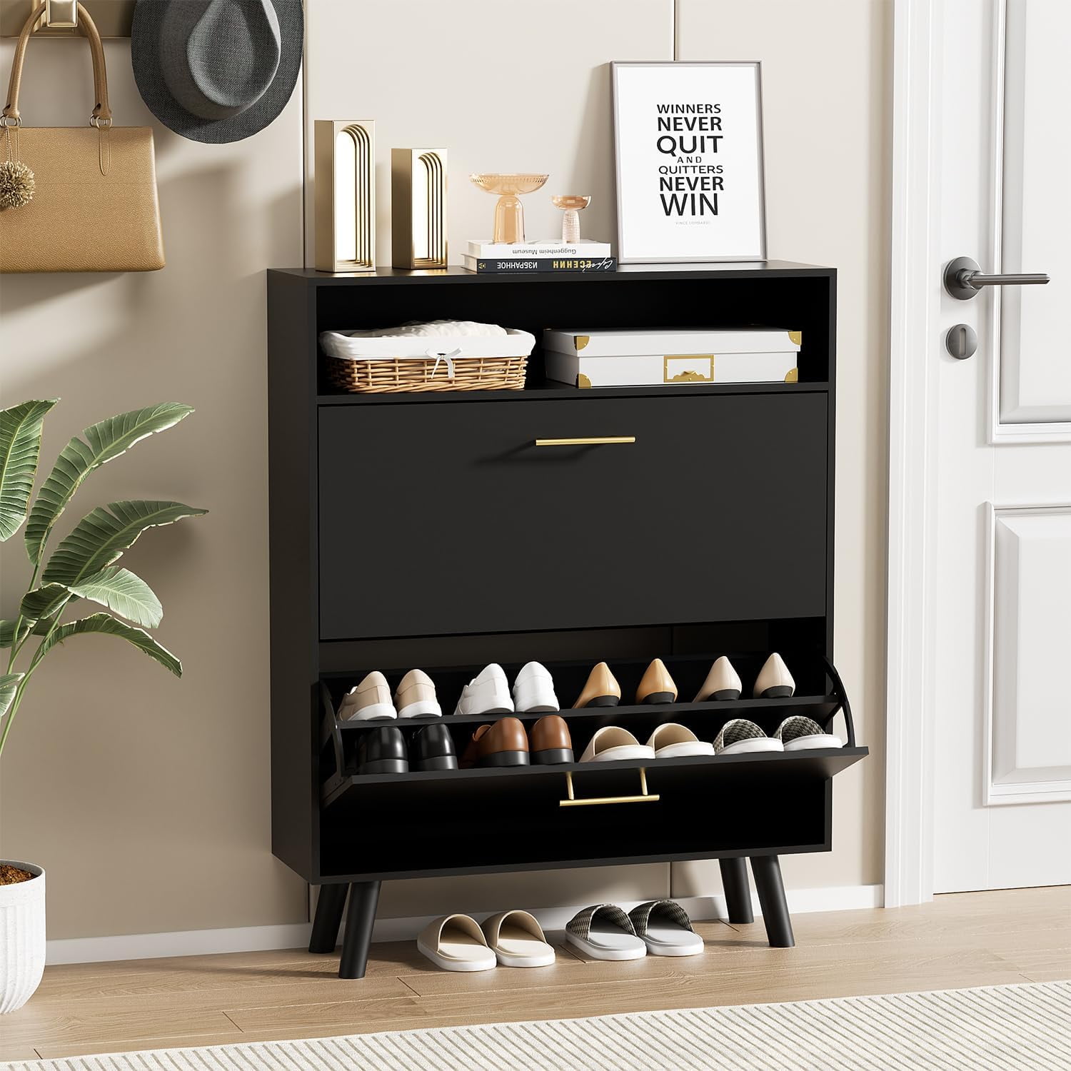 Shoe for Entryway, White Slim Shoe Storage with 2 Flip