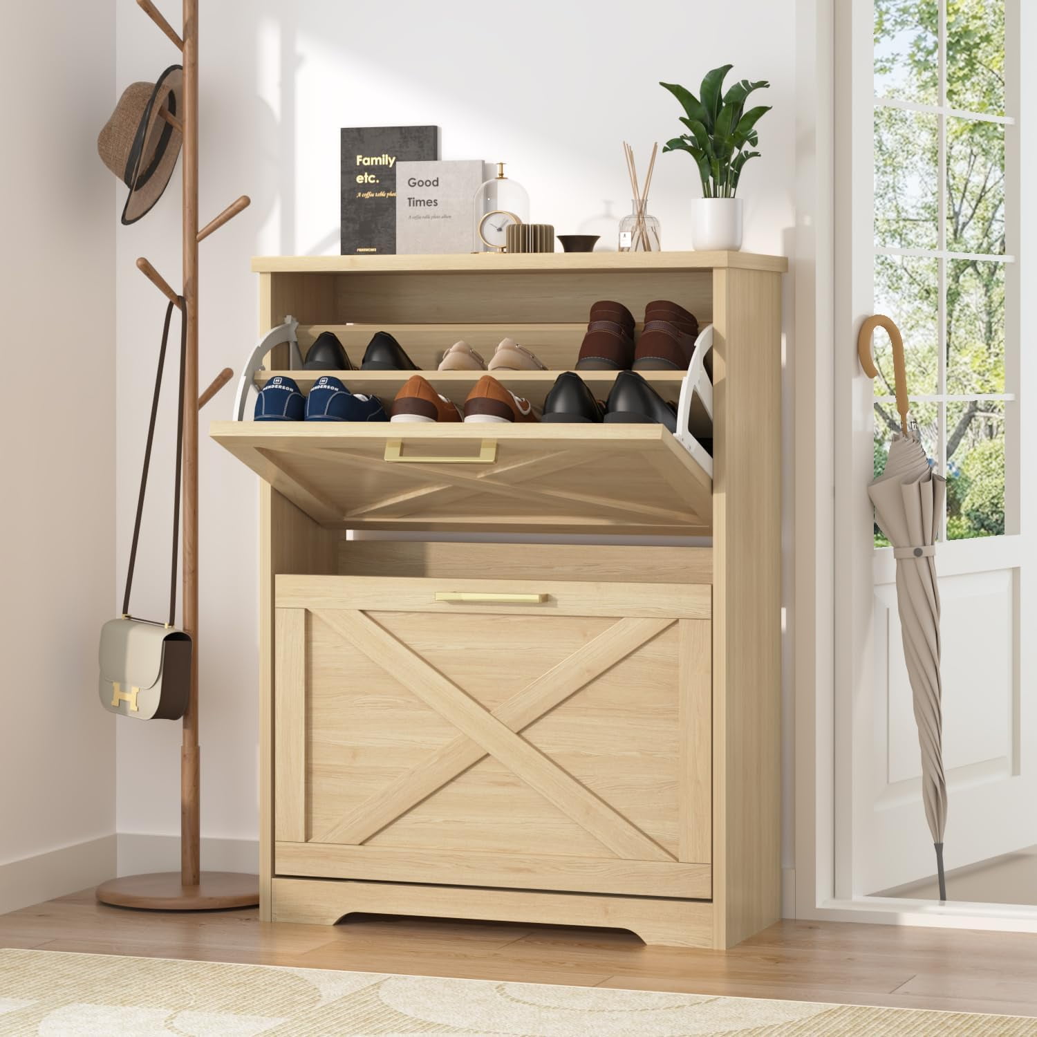Shoe Cabinet for Entryway with 2 Flip Drawers, 2 Tier Freestanding