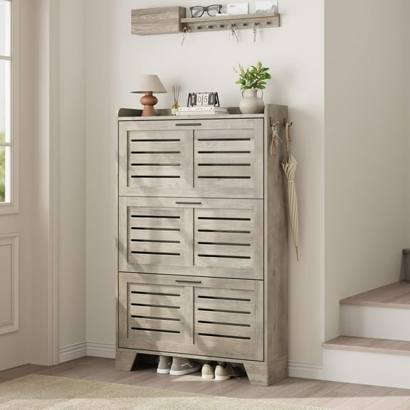 Shoe Cabinet w/3 Flip Drawers,Hidden Shoe Storage Organizer for Entryway,Farmhouse Narrow Slim Shoe Rack Cabinet w/2 Hooks for Front Door Entrance,Living Room,Hallway