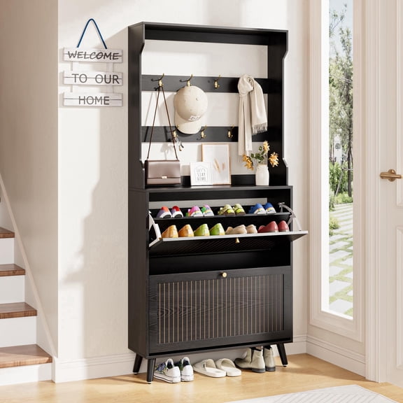 Shoe Cabinet with 2 Flip Drawers & Coat Rack, Fluted Narrow Entryway Storage, 2-in-1 Slim Hall Tree Shoe Organizer, Black