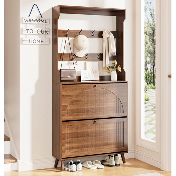 Shoe Cabinet with 2 Flip Drawers & Coat Rack, Fluted Narrow Entryway Storage, 2-in-1 Slim Hall Tree Shoe Organizer, Walnut