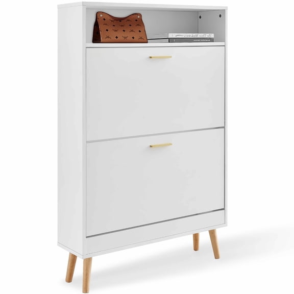 Shoe Cabinet with 2 Flip Drawers - Entryway Shoe Storage Organizer - Free Standing Shoe Rack for Heels, Boots, Slippers - White Finish
