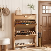 Shoe Cabinet with 2 Flip Drawers, Entryway Storage Organizer, Hidden Shoe Rack Narrow Freestanding Design Natural Oak