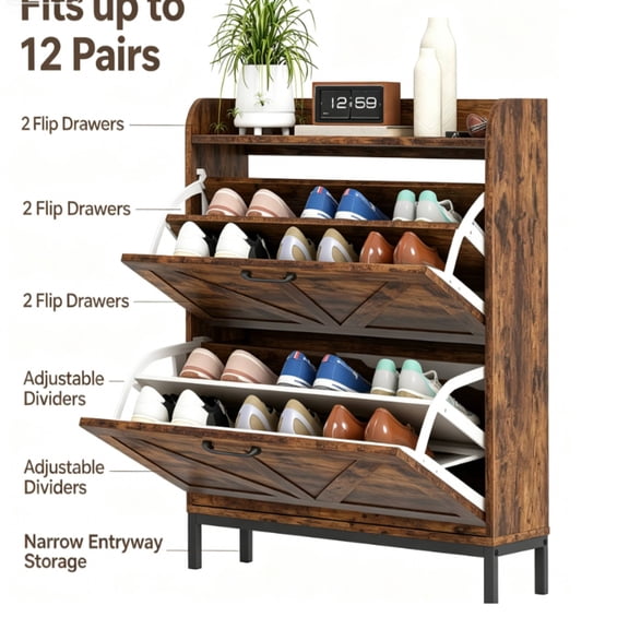 Shoe Cabinet with 2 Flip Drawers Farmhouse Shoe Organizer Narrow Shoe Storage Cabinet for Entryway, Hallway, Rustic (Brown)