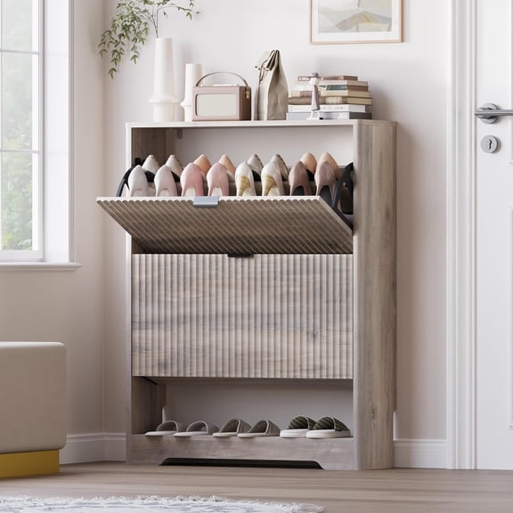 Shoe Cabinet with 2 Flip Drawers, Fluted Shoe Storage Cabinet with Adjustable Shelves, Freestanding Rack and Organizer for Entryway, Closet, Hallway