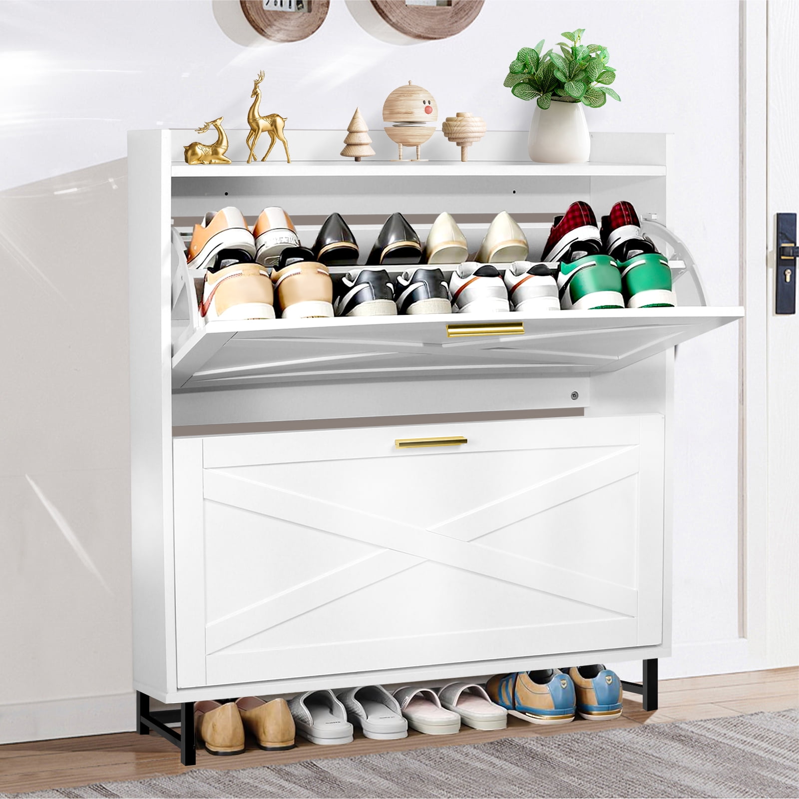 Shoe with 2 Flip Drawers, Narrow Shoe Hidden Shoe Rack