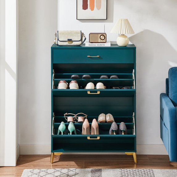 Shoe Cabinet with 2 Flip Drawers, Narrow Shoe Storage Cabinet, Shoe Rack Hidden for Entryway, Hallway, Living Room, Green