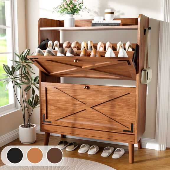 Parojati Shoe Cabinet with 2 Flip Drawers, Open Shelf Design – Freestanding Storage Organizer for Entryway, Hall, Closet, Dorm Room, Walnut