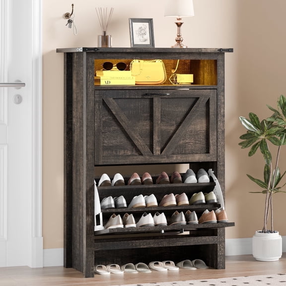 TOLEAD Shoe Cabinet with 2 Flip Drawers and Open Storage, Brown