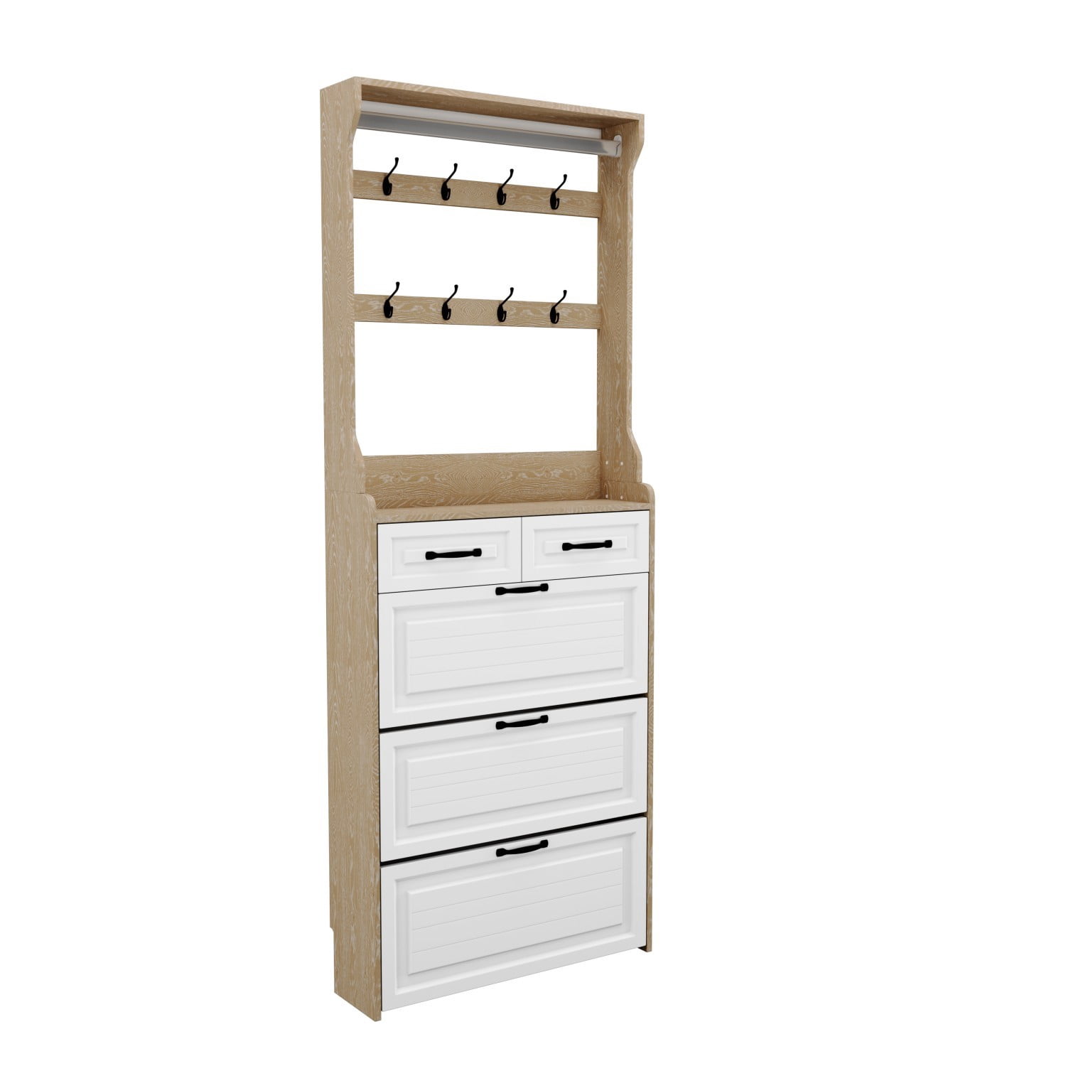 Shoe Cabinet with 3 Flip Doors, 2 Drawers & Hanging Rack, Narrow Entryway Shoe Storage Organizer for Hallway, White+Oak