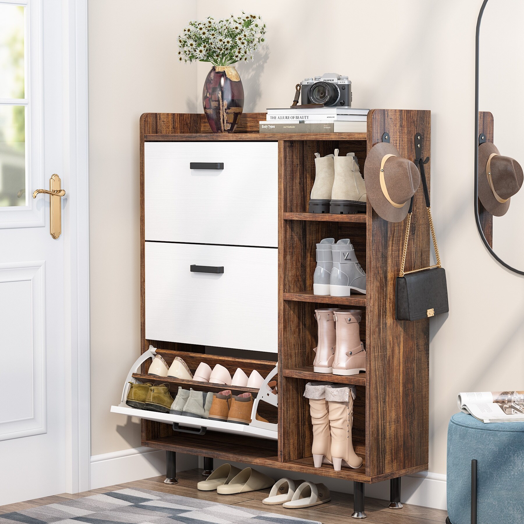 Shoe with 3 Flip Drawers & 5 Tiers shelves, Shoe Organizer