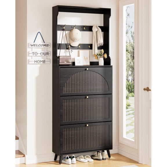 Shoe Cabinet with 3 Flip Drawers & Coat Rack, Fluted Narrow Entryway Storage, 2-in-1 Slim Hall Tree Shoe Organizer, Black