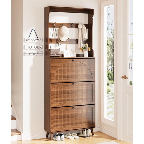 Shoe Cabinet with 3 Flip Drawers & Coat Rack, Fluted Narrow Entryway Storage, 2-in-1 Slim Hall Tree Shoe Organizer, Walnut