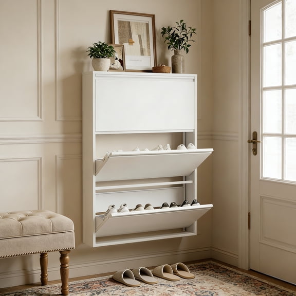 Shoe Cabinet with 3 Flip Drawers, Slim Metal Wall-Mounted Shoe Storage Organizer for Entryway, Hallway, Mudroom, Hidden Narrow Rack, White