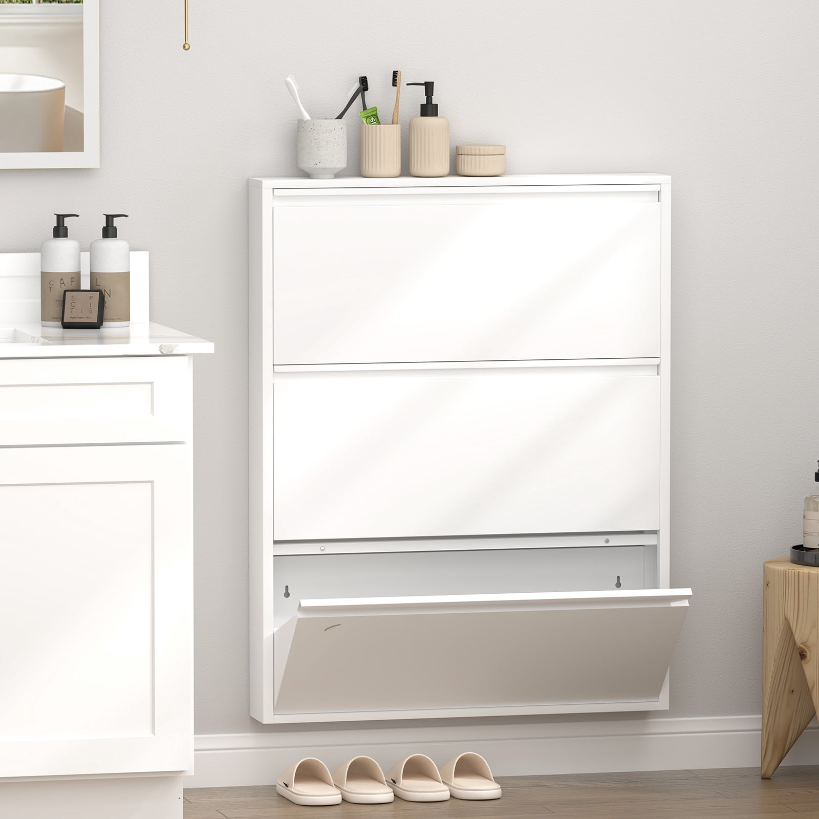 Shoe Cabinet with 3 Flip Drawers, Wall Mounted Shoe Organizer, Narrow Slim Hidden Shoe Rack for Entryway, White
